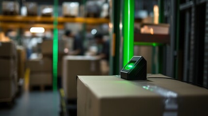 Handheld scanner light in a logistics warehouse scanning packages with its bright green laser line as workers move around organizing boxes and sorting items for delivery