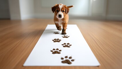 Adorable puppy walks down a white mat leaving muddy paw prints behind