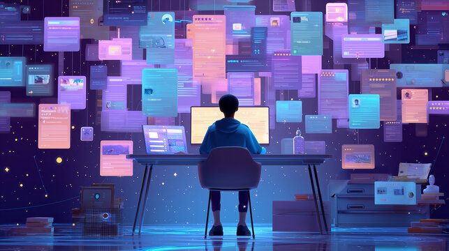 A man is sitting at a desk with a computer monitor in front of him. The monitor is filled with various colorful icons and messages, creating a sense of chaos and disorganization