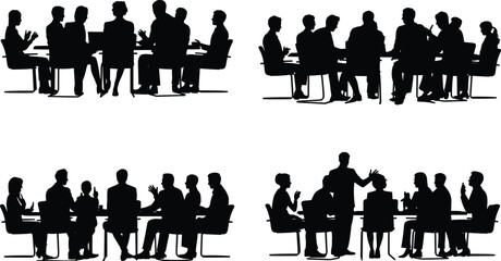 Silhouettes of business people in meeting, group discussion around conference table, teamwork, corporate collaboration, professional office setting, brainstorming, planning, diverse business team