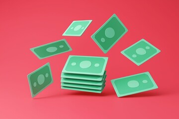 Green paper money floating against a vibrant red background