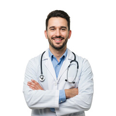 Fototapeta premium Smiling male doctor with arms crossed wearing stethoscope isolated on transparent background