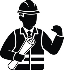 Silhouette of a construction engineer holding blueprints wearing a safety helmet and vest on a construction site