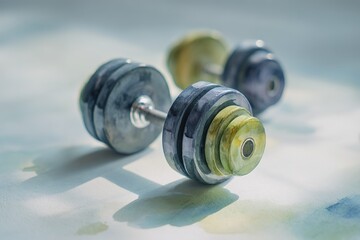 Obraz premium Unique close-up of colorful weights on a light background showcasing details of fitness equipment in a gym setting