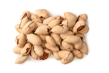Pecan-nut in a shell isolated on white background. Top view.