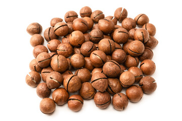 Macadamia nuts in a shell isolated on a white background.