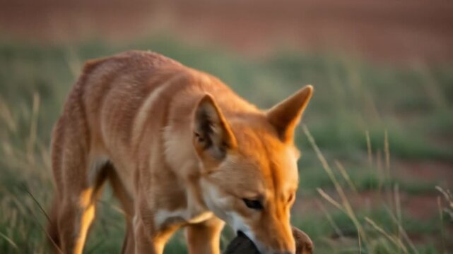 A dingo carrying its pup in a sunny outdoor setting.