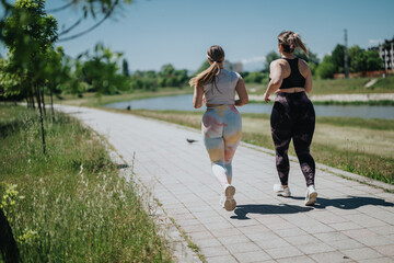 Fototapeta premium Two women enjoy an outdoor workout, jogging along a scenic park pathway lined with greenery and a tranquil river under a clear sky.