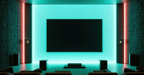 Dark home theater setup. Large screen dominates room, illuminated by vibrant blue, red lighting. Comfortable seating visible. Modern design.