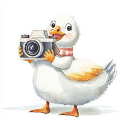Obraz premium Cartoon Duckling Photographer with Vintage Camera and Plaid Scarf