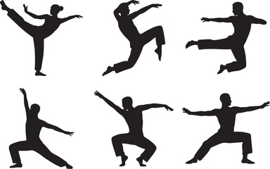 Set of silhouettes showing dynamic martial arts and modern dance poses