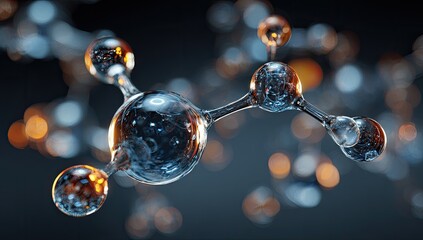 Detailed 3D model of translucent molecular structure.  Clear spheres connected by rods,  showing intricate atomic bonds, against dark background with glowing particles