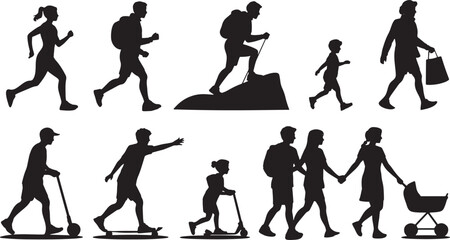Naklejka premium Silhouette People Walking Running Hiking with Child and Stroller Vector Illustration Isolated