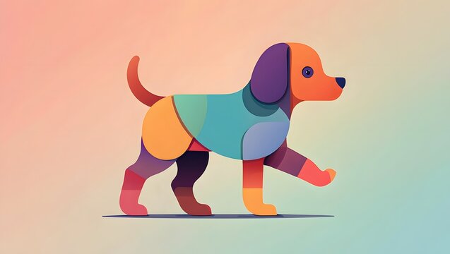 Whimsical cartoon dog in a colorful patchwork coat walking happily