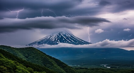 Obraz premium Volcanic Majesty Amidst Electric Fury: Lightning Strikes Over Mount Fuji