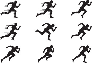 Set of dynamic running man silhouettes illustrating speed and motion