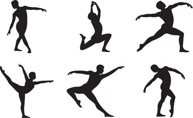 Collection of black dancer silhouettes in various expressive performance poses
