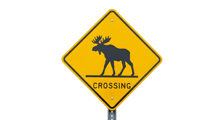 Yellow road sign with moose crossing symbolmoose,sign,road,canada,warning,animal,yellow,traffic,safety,caution,illustration,vector,icon,white,isolated,funny,symbol