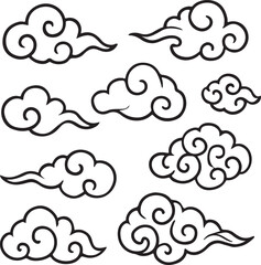 Stylized swirling cloud design set vector illustration 
