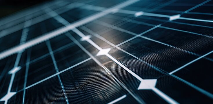 Close-up view of solar panel cells.  Dark, grid-like pattern with highlighted lines and connecting points
