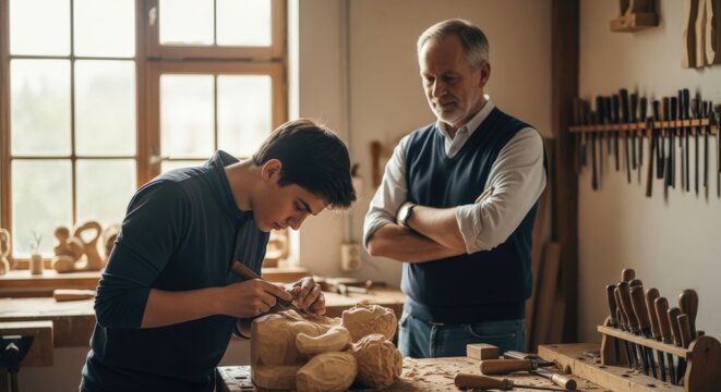 Craftsmanship in Wood: A master artisan guides a young apprentice in the art of wood carving, the workshop filled with tools and the scent of fresh timber, a generational transfer of skills.