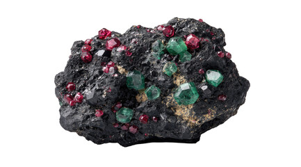 Dark rock matrix with vibrant red and emerald green crystals