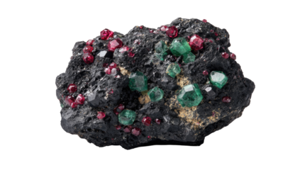 Dark rock matrix with vibrant red and emerald green crystals