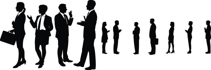 Business people silhouettes in formal attire, some chatting, others standing in line, black vector illustration