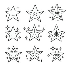 A collection of hand-drawn star icons in a simple doodle style. Set of nine celestial symbols with sparkles, isolated on white.