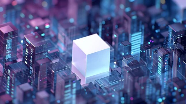 Abstract cityscape of translucent, glowing cubes