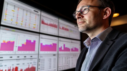 Business professional analyzing performance metrics and data trends in a modern office environment with large digital displays and vibrant graphics