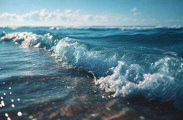 Fototapeta premium The serene beauty of ocean waves crashing onto the sandy shore under a clear blue sky, capturing the tranquility of nature.