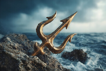 Obraz premium A stunning golden trident rests on rugged rocks, surrounded by the sea, symbolizing power and connection to ancient myths.