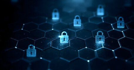 Obraz premium Futuristic digital locks on a hexagonal grid, symbolizing cybersecurity and data protection in the modern digital landscape.
