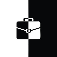 A minimalist briefcase icon with a contrasting black and white split design. Vector symbol for business, work, or portfolio concepts.