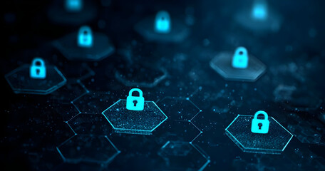 Futuristic digital locks on hexagonal shapes, representing data security and cybersecurity. An abstract concept of protection in technology.