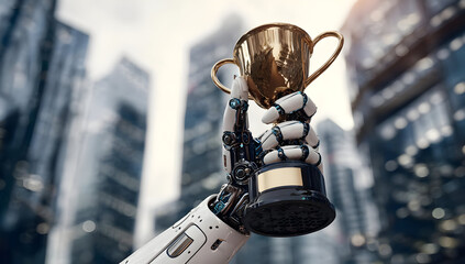 A robotic hand triumphantly holds a golden trophy against a modern cityscape, symbolizing innovation and achievement in technology.