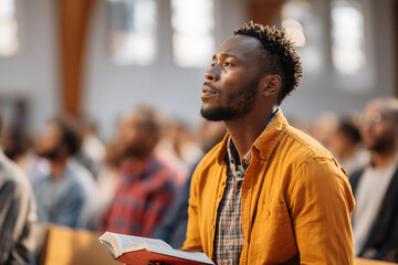 Worshipper in church reading the Bible during service