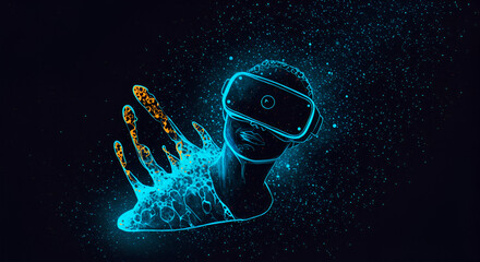 Abstract futuristic virtual reality experience with illuminated human and digital elements