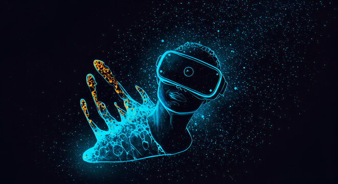 Abstract futuristic virtual reality experience with illuminated human and digital elements