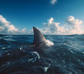 A shark fin rises above the tranquil ocean surface, with blue skies and scattered clouds, capturing the essence of marine life.