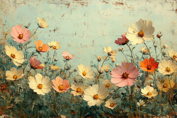 Delicate Vintage Wildflowers on Earth-Toned Background with White Space