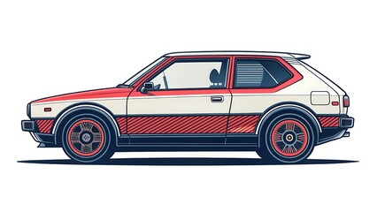 Obraz premium Retro 80s Style Red and White Hatchback Car Illustration on White Background, Vintage Compact Vehicle Design