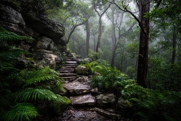 Obraz premium Misty rainforest path with wet stone steps