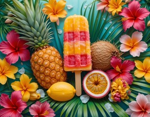 A vibrant arrangement of tropical fruits, flowers, and a popsicle on a leafy background scene