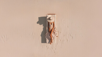 Top-down view of a woman in a straw hat lounging on a beach chair, surrounded by soft sand, ideal for summer, vacation, and lifestyle themes in marketing and design.
