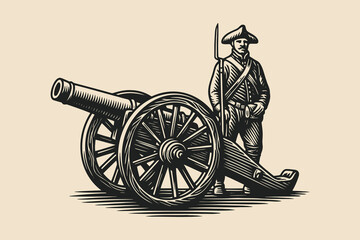 Colonial soldier with cannon engraving style vector illustration