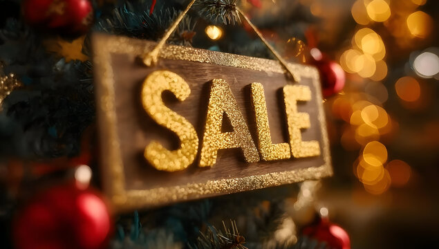 Festive SALE sign ornament on a Christmas tree, capturing the joy of holiday shopping with shimmering decorations and warm lights.