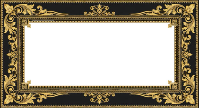 High-class black and gold ornamental frame with filled floral corners and decorative inner edges, pure white in center