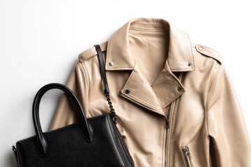 Beige leather jacket with zippers and pockets and black leather stylish bag. Modern outerwear. Close-up. Fashion background. Autumn urban street clothes. Fashionable concept. Women's casual day outfit